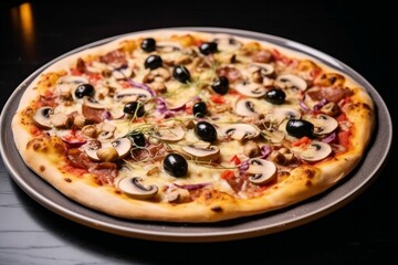 An AI illustration of a cooked pizza with mushrooms and olives on a silver plate