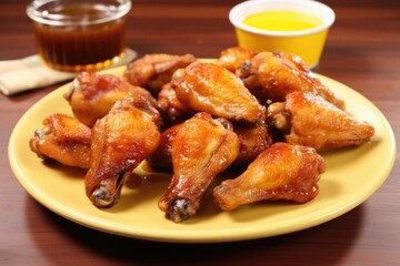 bbq chicken wings dipped in honey sauce on a yellow plate