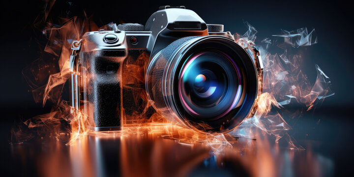 Modern digital DSLR camera, electrical energy surrounding it, illustrating, the processing power of modern Mirrorless cameras