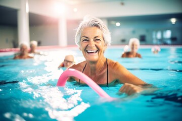 Active Senior Woman Exercising in Indoor Pool - obrazy, fototapety, plakaty