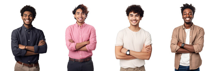 Set of Portrait of young business man happy smiling and standing posing arms crossed, isolated on white background, png