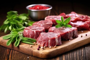 Fototapeta premium lamb kebabs on a rustic wooden board with fresh mint