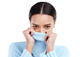 Shy, portrait and woman covering face from secret news, gossip or drama on isolated, transparent or png background. Eyes, embarrassed and female introvert with flirt gesture, reaction or personality
