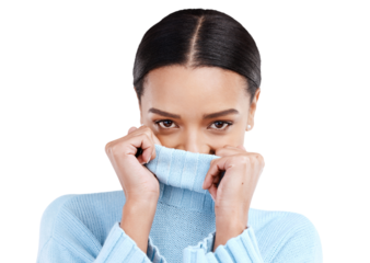 Shy, portrait and woman covering face from secret news, gossip or drama on isolated, transparent or png background. Eyes, embarrassed and female introvert with flirt gesture, reaction or personality