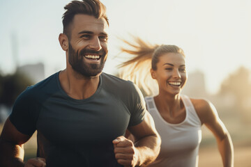Fototapeta premium Couple doing sport together outdoor, running together. Morning run. Healthy lifestyle. Sport concept