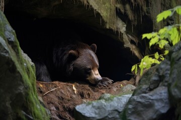 an elevated view of a bear hibernating in a cave - obrazy, fototapety, plakaty