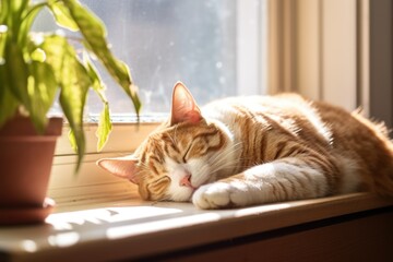 cat curled up and sleeping on a sunny windowsill
