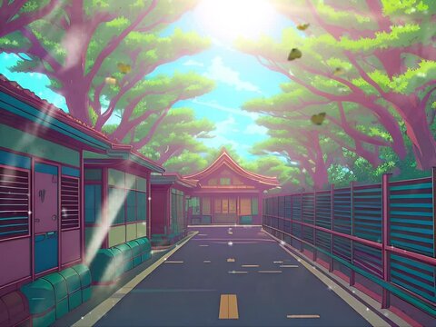 spring atmosphere in Japan, looping animated video, Cartoon or anime illustration style. seamless looping virtual video animation background