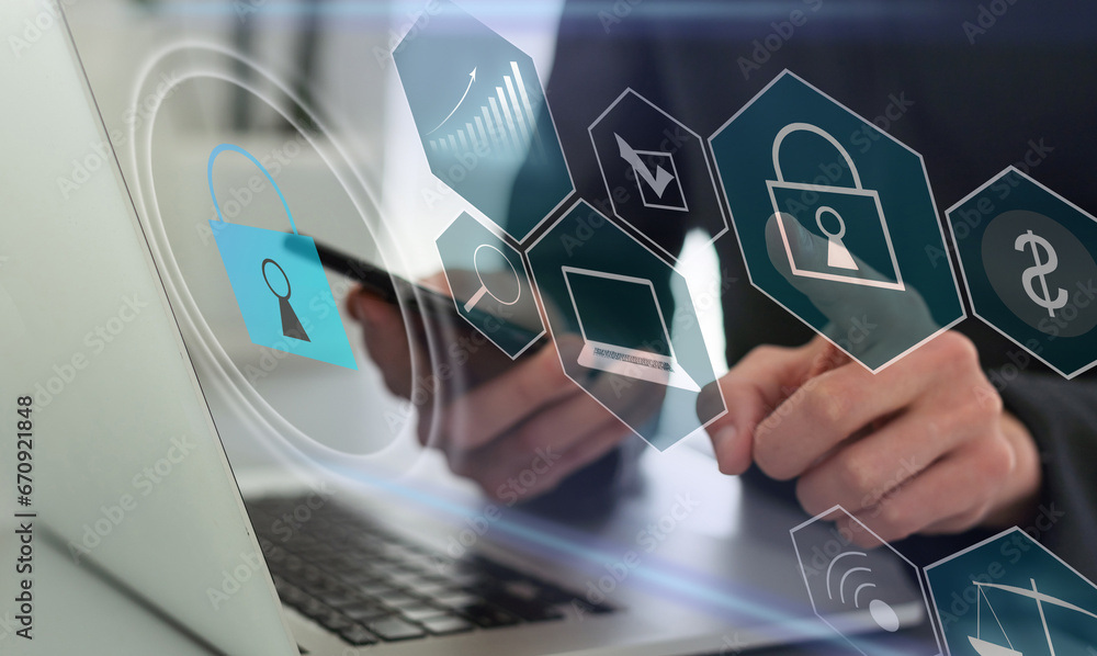 Poster businessman use a laptop to login by password with virtual screen of padlock, security of private. t