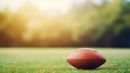 American football ball. Background with selective focus. On field - obrazy, fototapety, plakaty