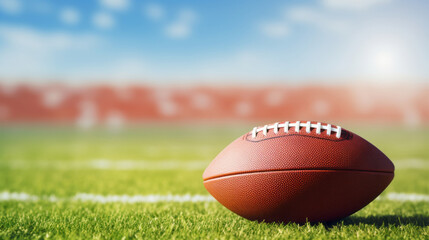 American football ball. Background with selective focus. On field