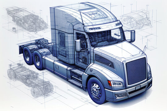 Projection of a modern truck or truck. 3D graphic visualization shows the analysis and optimization of a fully developed vehicle prototype. Modern technologies of mechanical engineering.