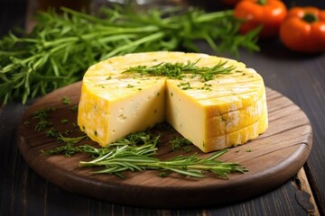rustic smoked cheese with fresh herbs on a table