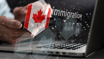 Concept of immigration to Canada with virtual button pressing - obrazy, fototapety, plakaty