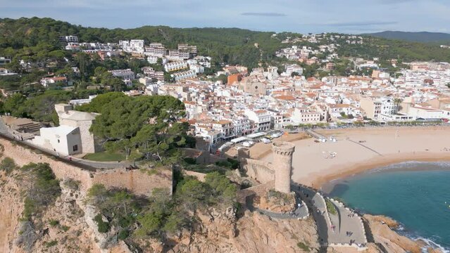 Aerial drone view of the coastal town named Tossa de Mar in Spain