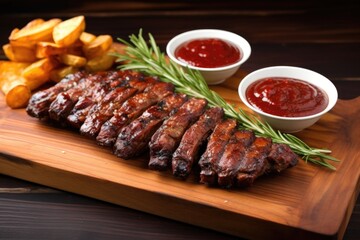 ribs with sauce on a plain wooden plate, no garnish