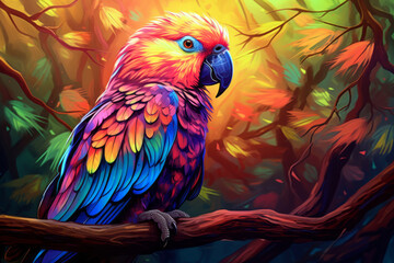 Artwork shows a colorful parrot sitting on a branch
