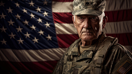Elderly male soldier in military uniform is standing against USA flag