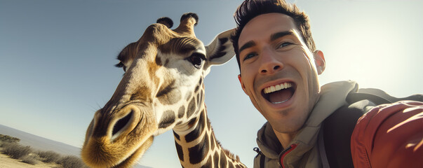 Smiling man with girafe taking selfie.