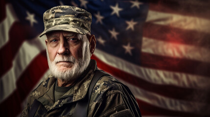 Obraz premium Elderly male soldier in military uniform is standing against USA flag