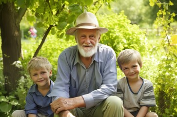 Grandfather with grandchildren in green garden. Senior plant male looking adult. Generate Ai
