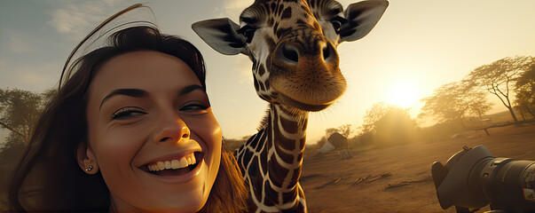 Smiling woman with girafe taking selfie. cartoon style.