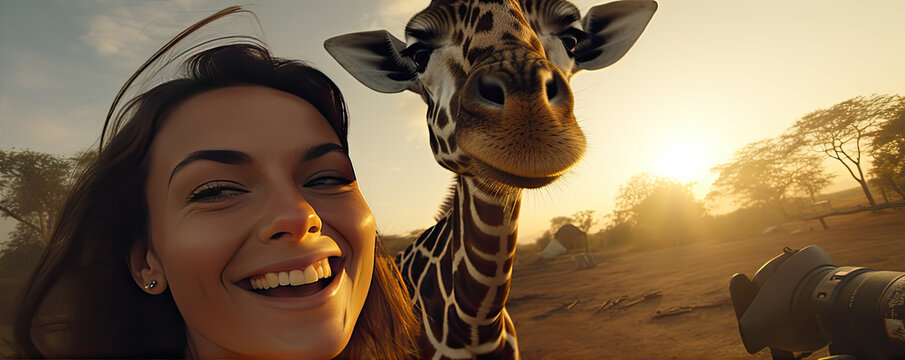 Smiling Woman With Girafe Taking Selfie. Cartoon Style.