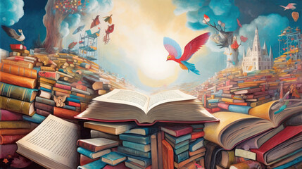 Open book in landscape with happy birds as literature concept - obrazy, fototapety, plakaty