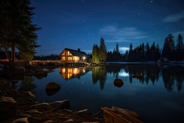 Fototapeta premium starry night time exposure of serene lake and cabin