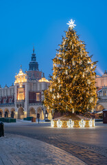Krakow, Poland, Main Market square and Cloth Hall in the winter season, during Christmas fairs...