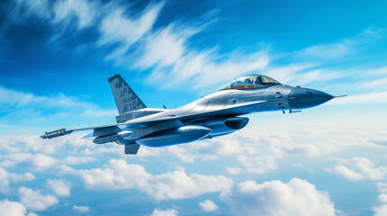 Fighter jet flying through the blue sky