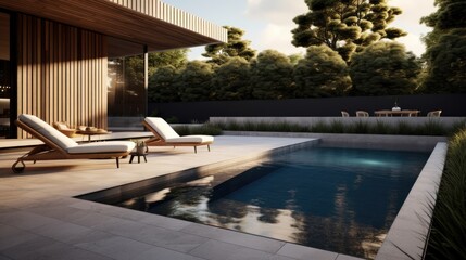 Fototapeta na wymiar Backyard of a modern residence with a swimming pool made of tiles.