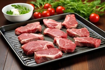 Fototapeta premium lamb chops displaying grill marks on a metal kitchen tray