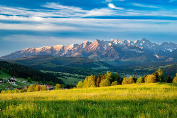 Spring panorama over Spisz highland to Tatra mountains in the morning, Poland and Slovakia. - obrazy, fototapety, plakaty