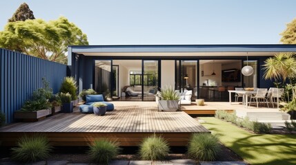 Fototapeta premium Backyard of a modern home extension includes the of a Backyard, deck, patio area.