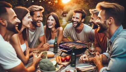 Fototapeta na wymiar Joyful Friends Enjoying Summer Barbecue in Sunlit Garden