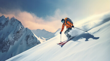 Naklejka na ściany i meble Man skiing on a snowy mountain