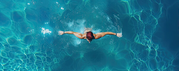 Swimmer man in water top view. Man swimming in pool aerial view. - obrazy, fototapety, plakaty