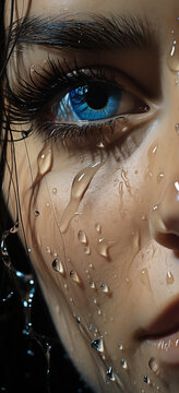 Close-up on a beautiful woman's face with and eye and mouth detail and a water droplets falling