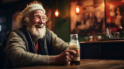 Old man is sitting and laughing in a pub - obrazy, fototapety, plakaty