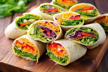 veggie wraps loaded with colorful veggies on board