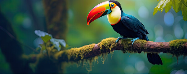 Toco toucan colorful bird (Ramphastos toco). Beautiful toucan bird in natural habitat. wide banner.