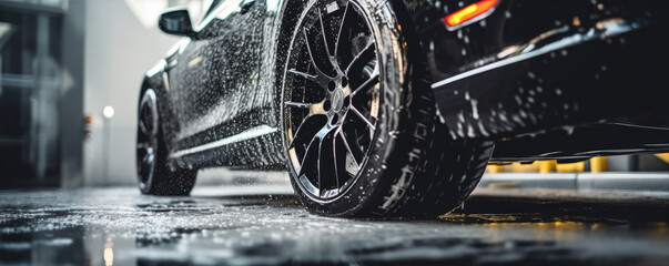 Black sport car wheel detail covered with shampoo ready to clean. Car Tire or alluminium wheel wash. copy space for text.