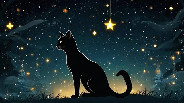 black cat silhouette cartoon Lofi animation