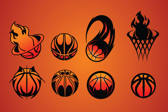 Set of Abstract basketball art with different styles. Basketball on fire with speed trails. Super Dunk silhouette with a basket. Grungy line art. Black and orange png outline.