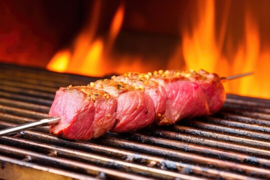 meat thermometer inserted in medium-rare steak on a grill