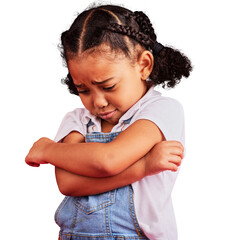 Isolated girl child, sad and arms crossed with thinking, depression and anxiety by transparent png background. Young kid, fear and frustrated face with mental health, crying and angry in childhood - obrazy, fototapety, plakaty
