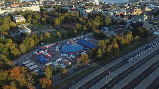 Autumn circus tent set up in Kaisaniemi Park by rail station, Helsinki