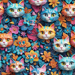 Naklejka premium cute cats and flowers, seamless pattern