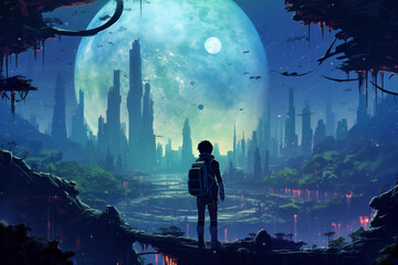 Fototapeta premium Silhouette of a Man in Anime Lofi Landscape: Gazing at a Futuristic Jurassic Jungle with Planets and Spaceships in the Distance 